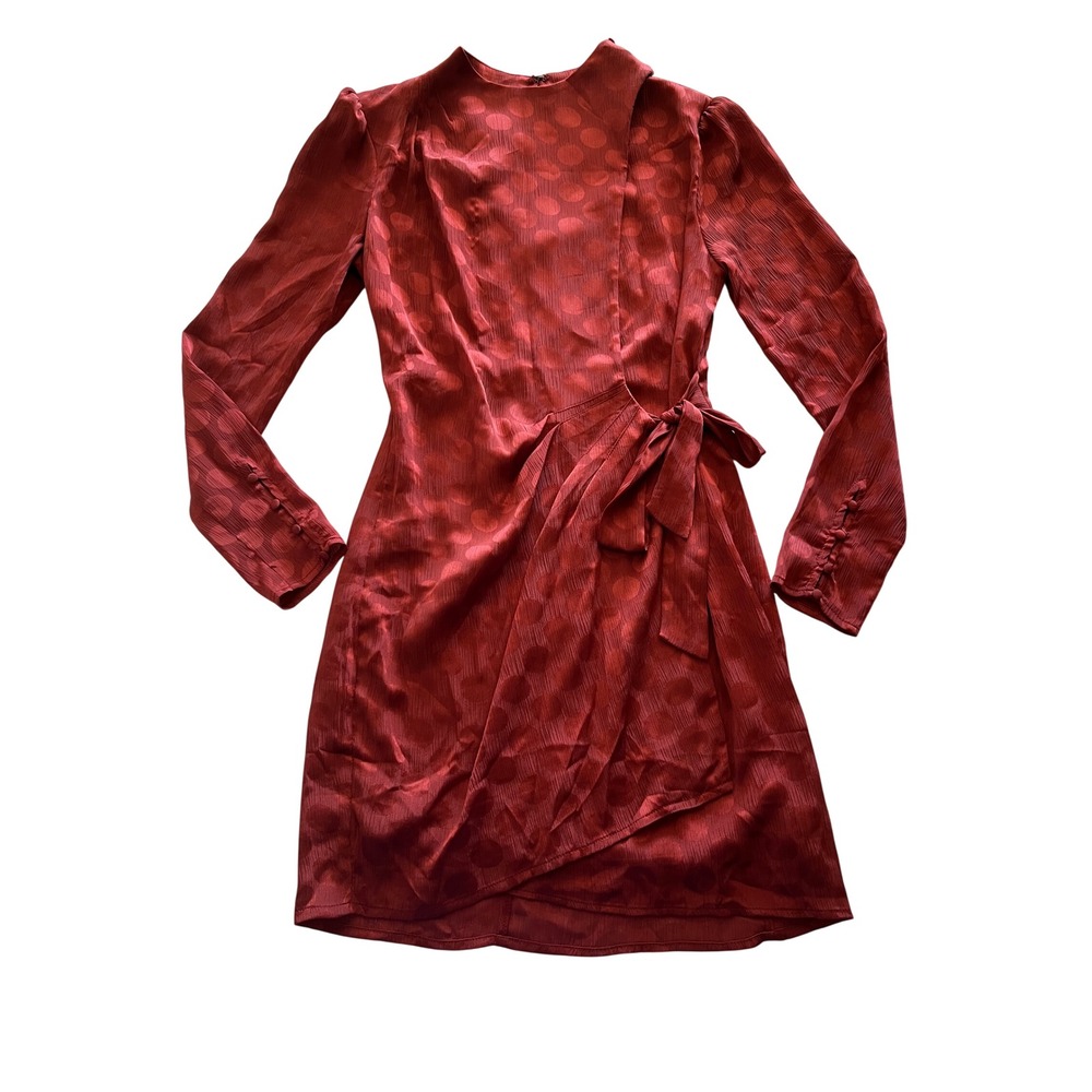 ASTR The Label Red Polka Dot Jacquard Wrap Mini Dress Long Sleeve XS ACDR95354